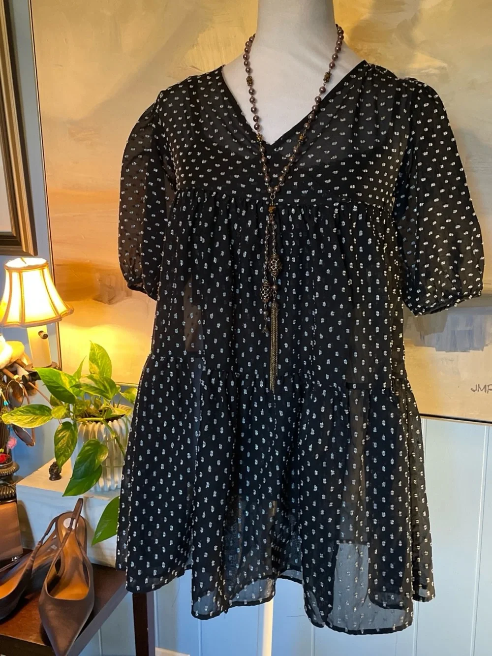Zara Black with White Micro-Dot Tiered Babydoll Blouse
